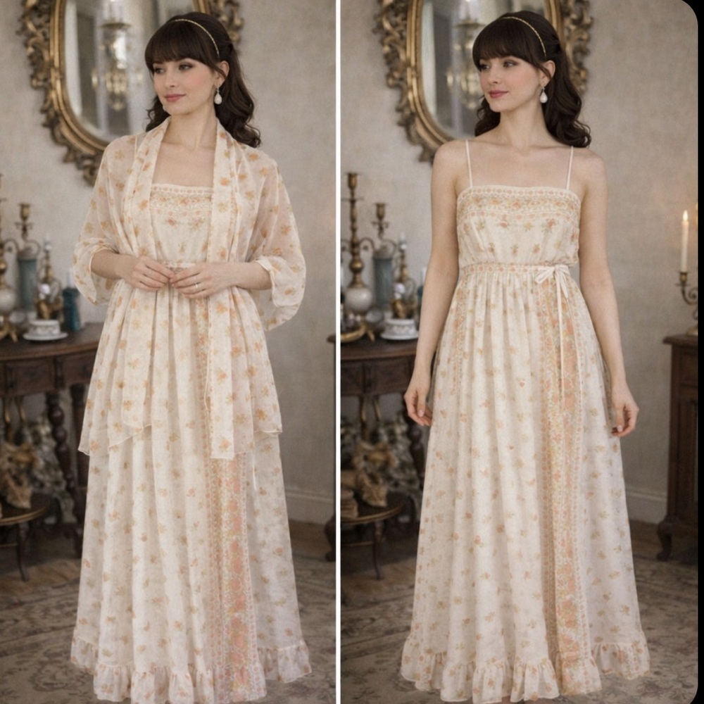 Vintage 70’s Sheer Chiffon Spaghetti Strap Maxi Dress